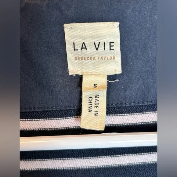La Vie Rebecca Taylor Pink Navy Striped Puff Sleeve Size Small - Picture 2 of 4